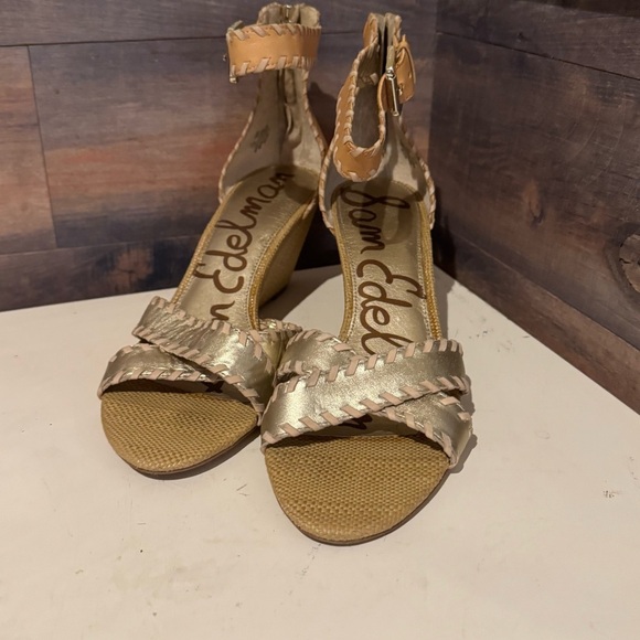 Sam Edelman Leather Silvia Wedge Sandals Shoes Women’s Size 10 Gold Brown Ankle - Picture 3 of 10